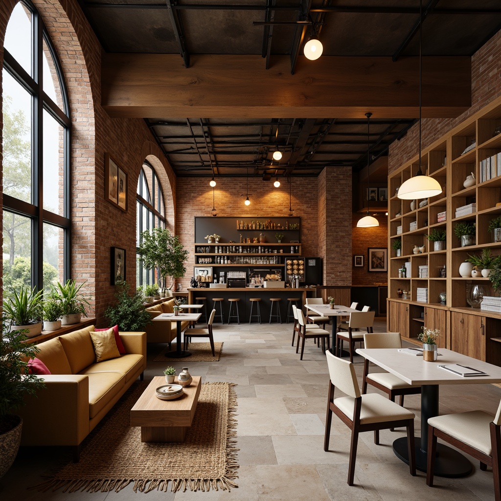 Prompt: Cozy coffee shop, warm earthy tones, rich wood accents, comfortable seating areas, vintage industrial decor, exposed brick walls, rustic metal fixtures, soft warm lighting, aromatic coffee scents, natural stone flooring, lush greenery, modern minimalist furniture, creamy whites, deep browns, warm beiges, rich reds, golden yellows, soft pastels, 3/4 composition, shallow depth of field, realistic textures, ambient occlusion.