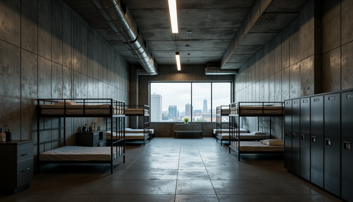 Prompt: Raw concrete walls, exposed ductwork, industrial-style lighting, functional corridors, communal kitchens, minimalist dorm rooms, bunk beds, metal lockers, institutional furniture, urban cityscape views, overcast skies, dramatic shadows, high-contrast lighting, 1/1 composition, symmetrical framing, gritty textures, ambient occlusion.