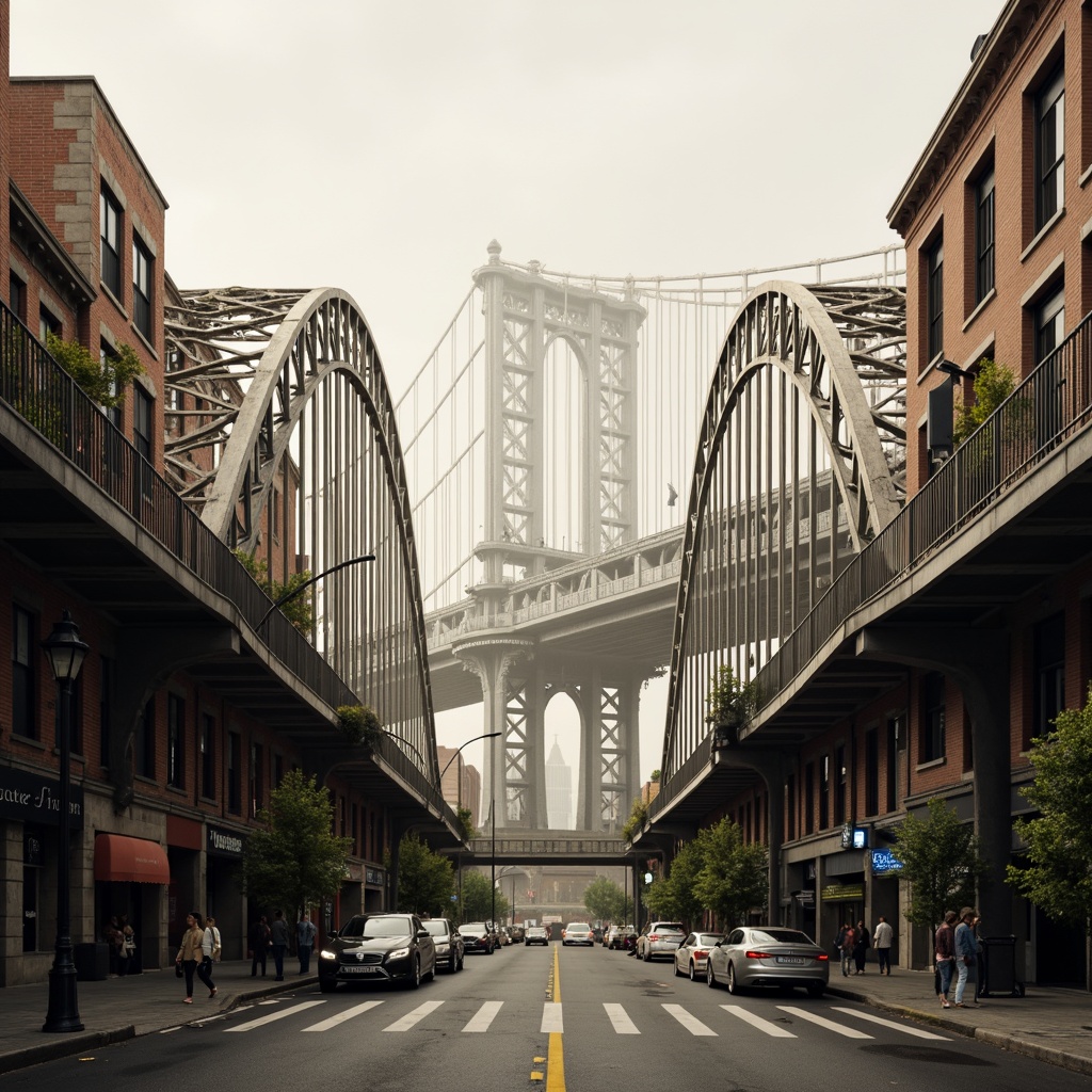 Prompt: Rustic steel bridges, arched structures, suspension cables, reinforced concrete piers, ornate lamp posts, pedestrian walkways, vehicular traffic lanes, urban cityscape, misty morning atmosphere, soft warm lighting, shallow depth of field, 3/4 composition, panoramic view, realistic textures, ambient occlusion.