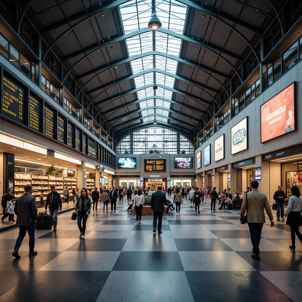 Prompt: Busy train station, modern architecture, grand entrance halls, high ceilings, natural light, sleek metal beams, polished marble floors, vibrant advertisements, electronic departure boards, comfortable waiting areas, convenient retail shops, spacious platforms, efficient signage systems, clear wayfinding, organized passenger flow, rush hour crowds, warm artificial lighting, shallow depth of field, 1/2 composition, realistic textures, ambient occlusion.