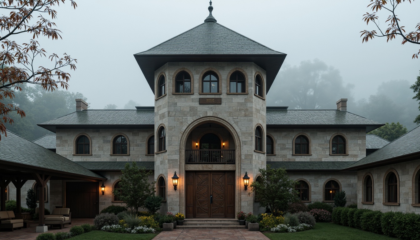 Prompt: Majestic watchtower, medieval-inspired facade, stone walls, Gothic arches, grandiose entrance, ornate carvings, intricate stonework, weathered copper roofs, mystical lanterns, misty morning atmosphere, soft warm lighting, shallow depth of field, 3/4 composition, panoramic view, realistic textures, ambient occlusion.