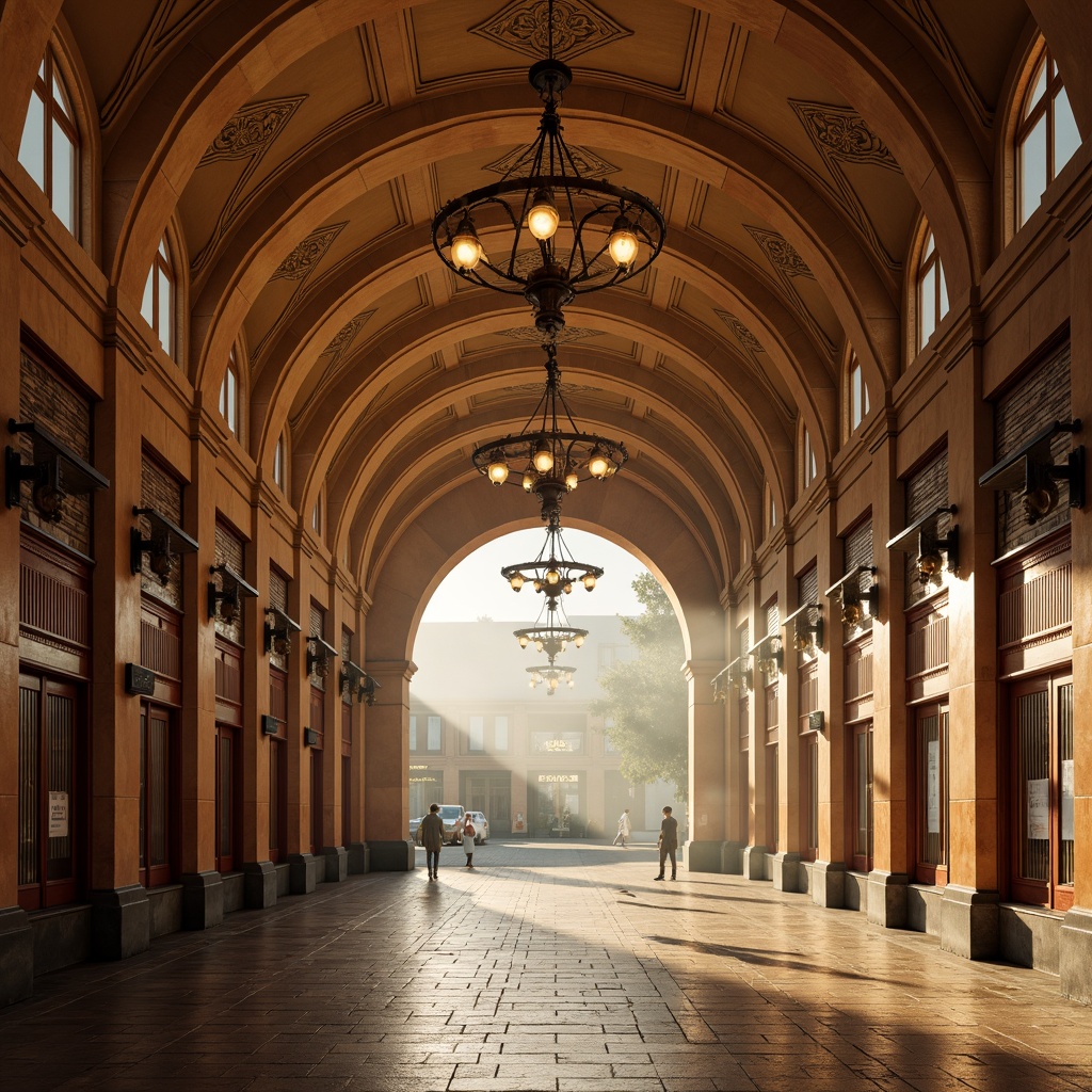 Prompt: Earth-toned metro station, Romanesque arches, ornate stone carvings, warm beige walls, terracotta red accents, rich brown wood tones, vintage metal fixtures, intricate mosaics, grand chandeliers, soft warm lighting, atmospheric fog effects, shallow depth of field, 1/2 composition, symmetrical framing, realistic textures, ambient occlusion.