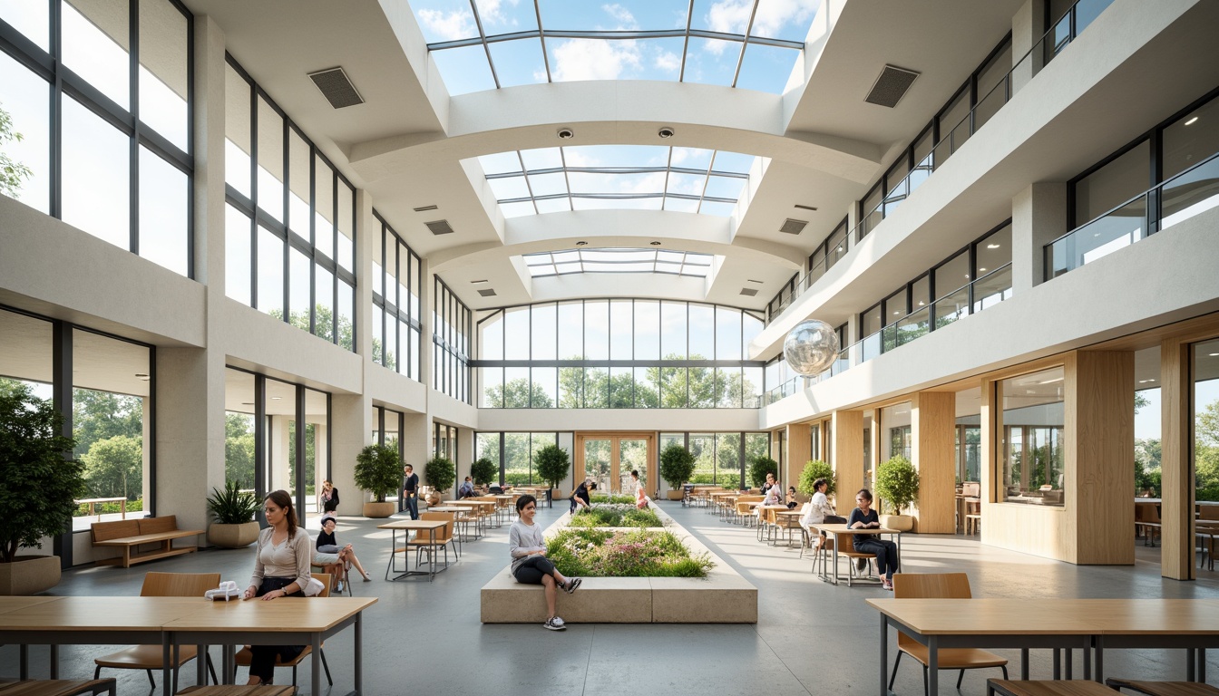 Prompt: Spacious classrooms, large windows, clerestory roofs, skylights, transparent glass walls, open floor plans, minimal obstructions, reflective surfaces, light-colored interior finishes, green roofs, solar tubes, tubular daylighting devices, soft warm lighting, shallow depth of field, 3/4 composition, panoramic view, realistic textures, ambient occlusion.