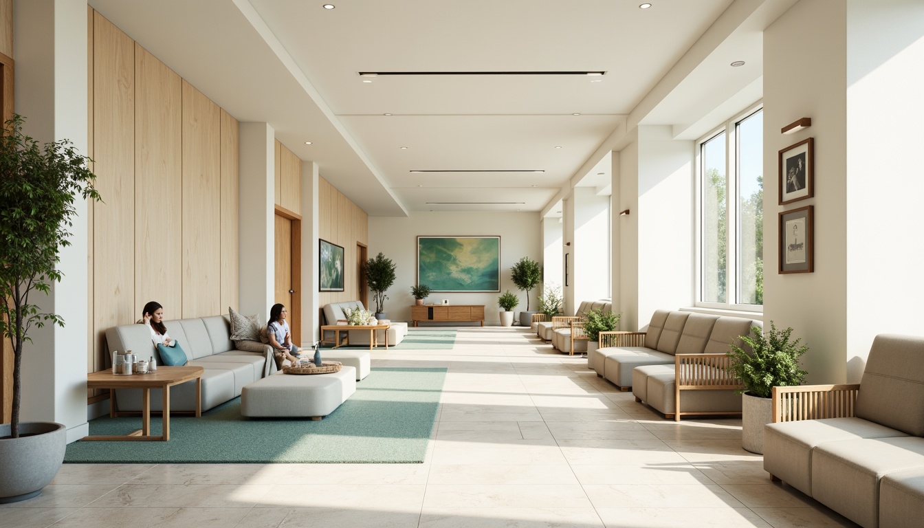 Prompt: Soothing hospital interior, calming color scheme, gentle pastel hues, soft whites, creamy beiges, pale blues, muted greens, warm wood accents, natural stone floors, comfortable seating areas, peaceful waiting rooms, serene patient rooms, gentle lighting, subtle texture contrasts, 1/1 composition, shallow depth of field, realistic renderings, ambient occlusion.