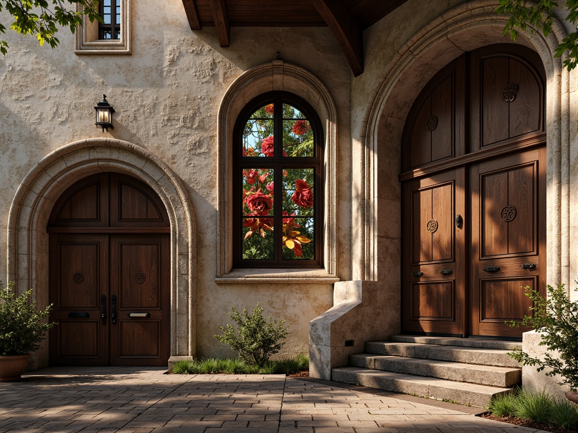 Prompt: Rustic monastery facade, distressed stone walls, ornate wooden doors, stained glass windows, intricate carvings, gothic arches, postmodernist twists, asymmetrical compositions, bold color contrasts, abstract murals, eclectic ornamentation, weathered copper accents, worn brick textures, mystical ambiance, soft warm lighting, shallow depth of field, 1/1 composition, realistic renderings, ambient occlusion.