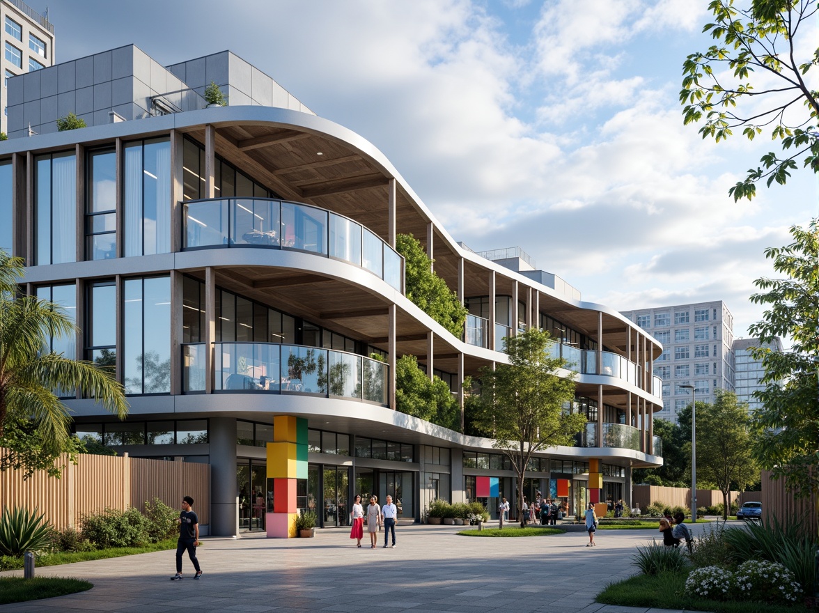 Prompt: Modern international school facade, sleek glass curtain walls, minimalist metal frames, cantilevered roofs, open-air balconies, vibrant colorful accents, geometric patterns, abstract sculptures, lush greenery, tropical plants, natural stone cladding, steel beams, exposed ductwork, industrial chic aesthetic, urban cityscape background, cloudy blue sky, soft diffused lighting, shallow depth of field, 2/3 composition, realistic textures, ambient occlusion.