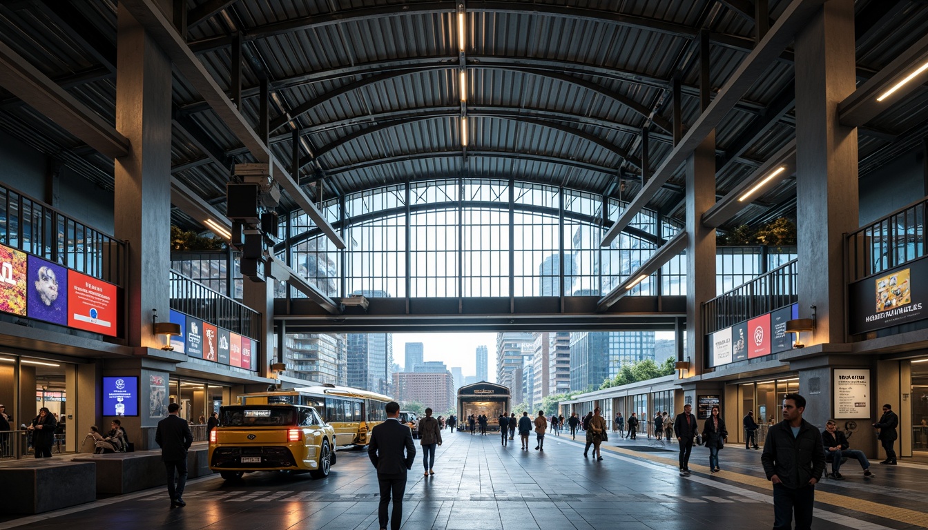 Prompt: Modern train station, steel framework, industrial aesthetic, exposed ductwork, metallic beams, sleek columns, high ceilings, grand entrance, bustling atmosphere, natural light pouring in, urban landscape, city skyline, busy streets, pedestrian traffic, vibrant advertisements, LED displays, futuristic ambiance, dynamic lighting, shallow depth of field, 1/2 composition, wide-angle lens, realistic reflections, ambient occlusion.