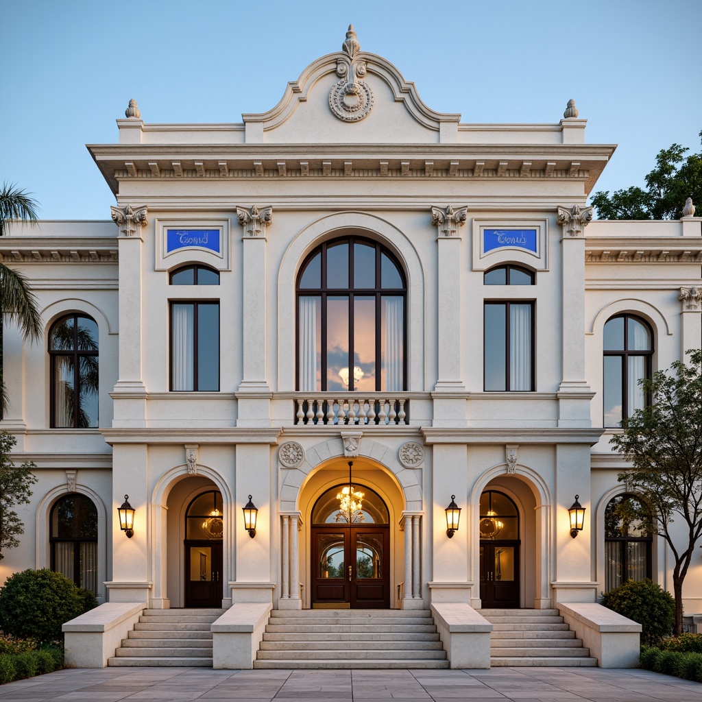 Prompt: Grandiose youth center facade, neoclassical columns, ornate pediments, symmetrical composition, creamy white marble, subtle rustication, elegant arches, refined pilasters, ornamental friezes, intricate moldings, vibrant blue accents, golden hardware, stately entranceways, sweeping staircases, luminous lanterns, soft warm lighting, shallow depth of field, 1/1 composition, realistic textures, ambient occlusion.