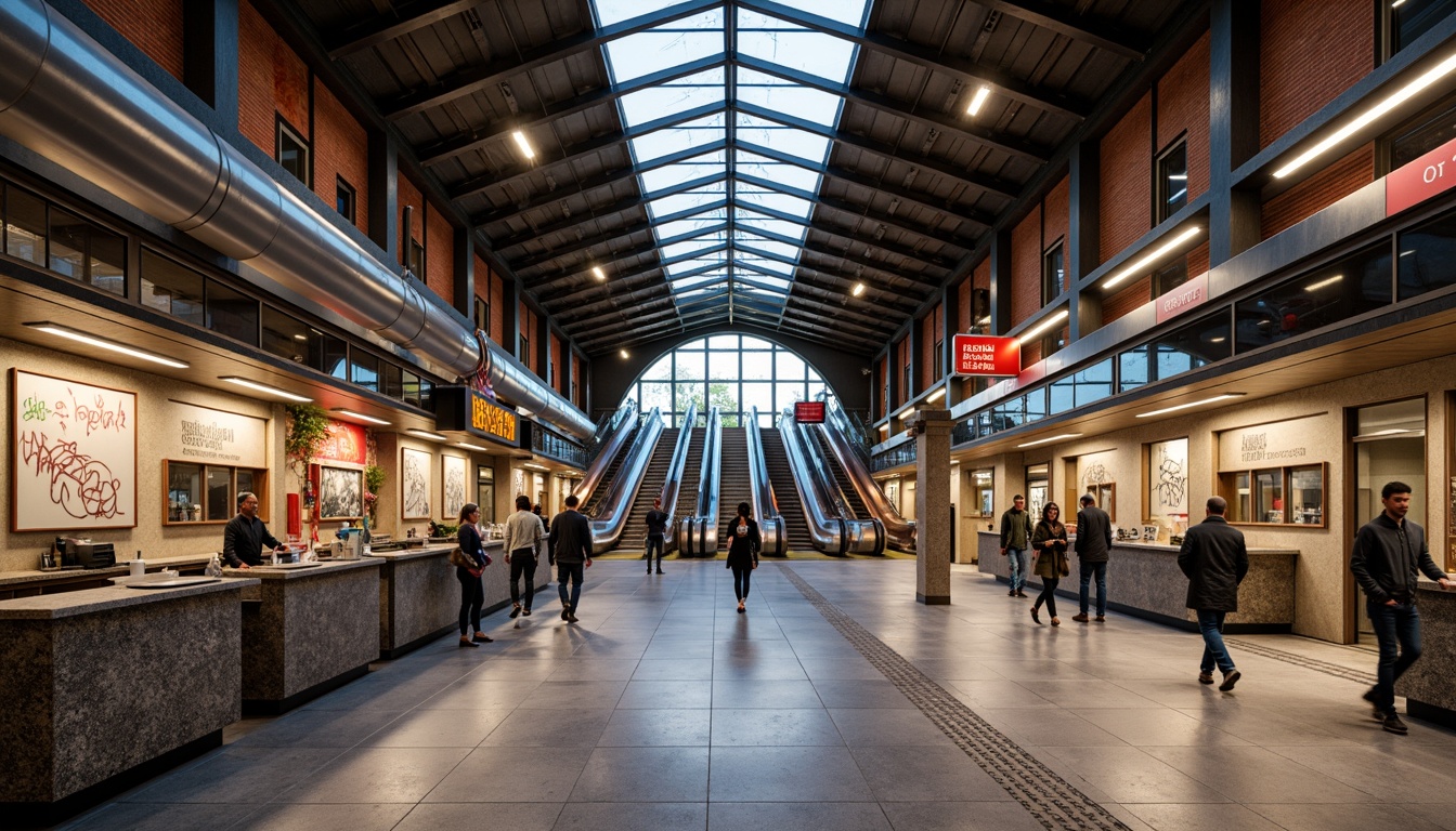 Prompt: Rustic metro station, industrial chic design, exposed brick walls, concrete floors, metallic beams, urban atmosphere, busy commuters, modern lighting fixtures, sleek signage, granite countertops, stainless steel railings, vibrant graffiti, dynamic escalators, futuristic elevators, intricate tile patterns, reflective glass ceilings, natural stone columns, bustling city sounds, warm ambient lighting, shallow depth of field, 1/1 composition, realistic textures, ambient occlusion.