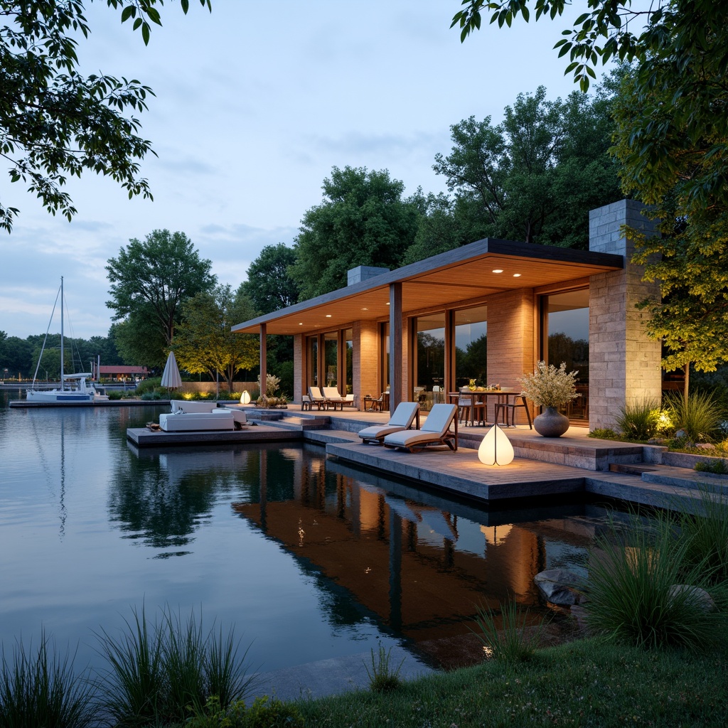 Prompt: Scenic lakefront, serene water reflections, lush greenery, wooden docks, sailboats, modern lakehouse architecture, large windows, sliding glass doors, natural stone walls, rustic wood accents, cozy outdoor seating areas, warm string lighting, shallow depth of field, 3/4 composition, panoramic view, realistic textures, ambient occlusion.