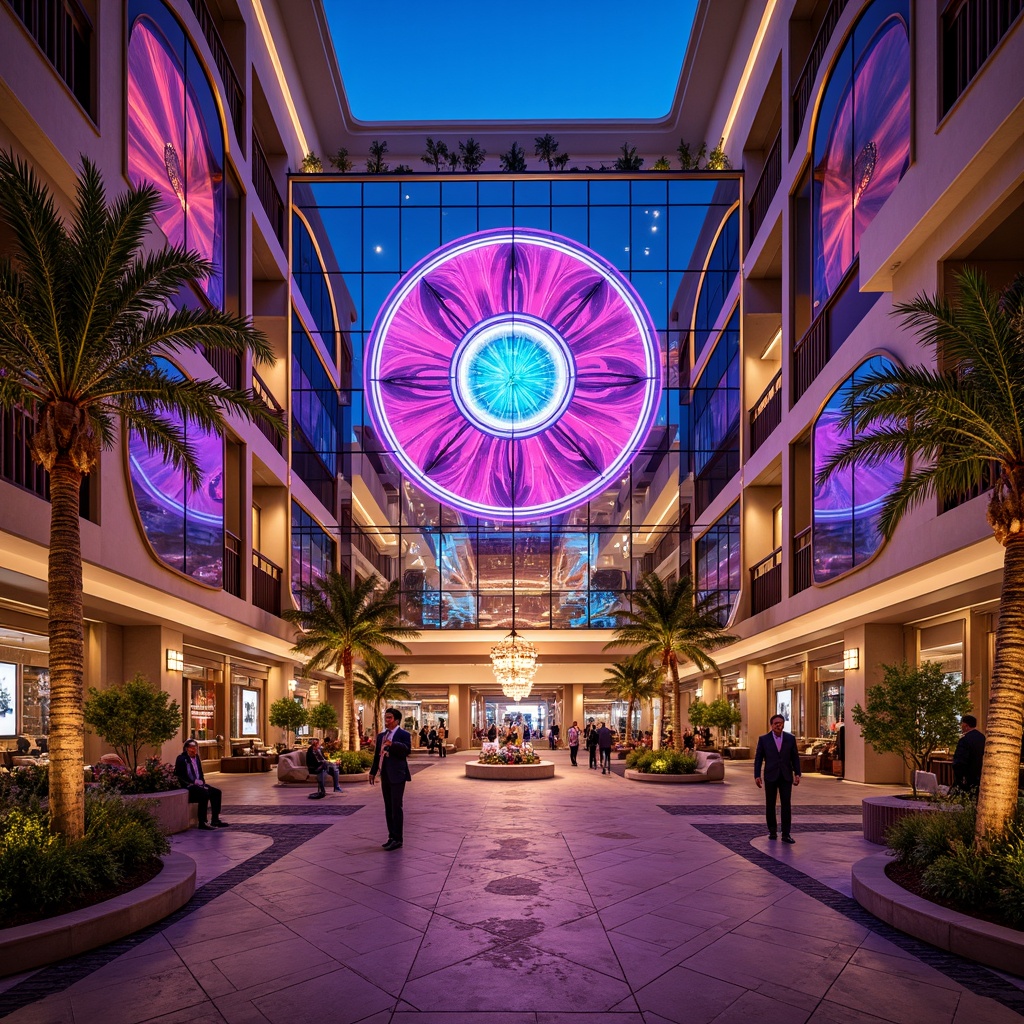 Prompt: Vibrant casino facade, neon lights, dynamic LED displays, curved glass surfaces, metallic accents, futuristic architecture, regionalist influences, desert landscape, palm trees, warm sandy tones, luxurious entrance, grand atrium, high ceilings, ornate chandeliers, lavish decorations, bold geometric patterns, intricate mosaics, ambient lighting, shallow depth of field, 1/1 composition, realistic textures, detailed normal maps.