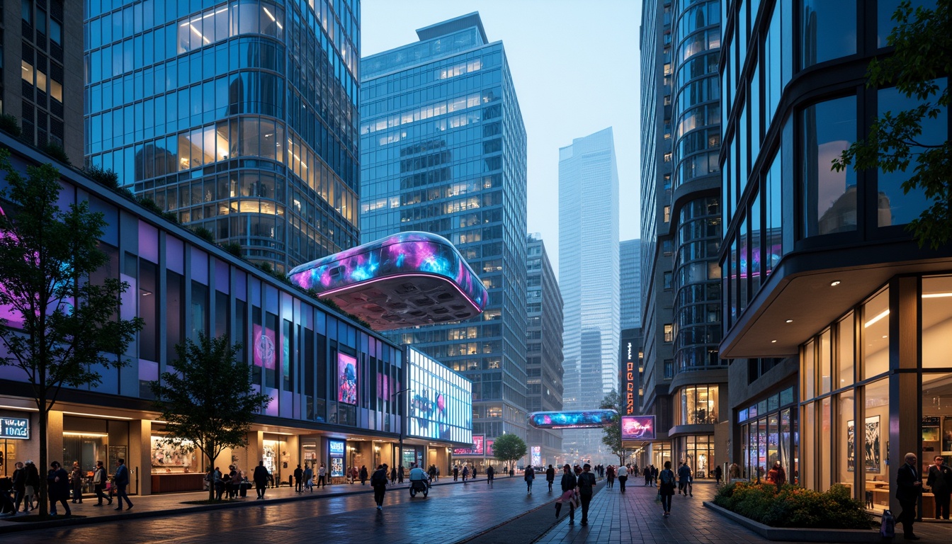 Prompt: Neon-lit skyscrapers, metallic silver accents, iridescent glass facades, holographic advertisements, cyberpunk cityscape, vibrant electric blue hues, neon green highlights, deep purple tones, rose gold details, sleek chrome lines, geometric patterns, futuristic urban landscape, high-tech infrastructure, levitating transportation pods, atmospheric mist, soft glowing ambiance, shallow depth of field, 1/1 composition, cinematic lighting, realistic reflections.