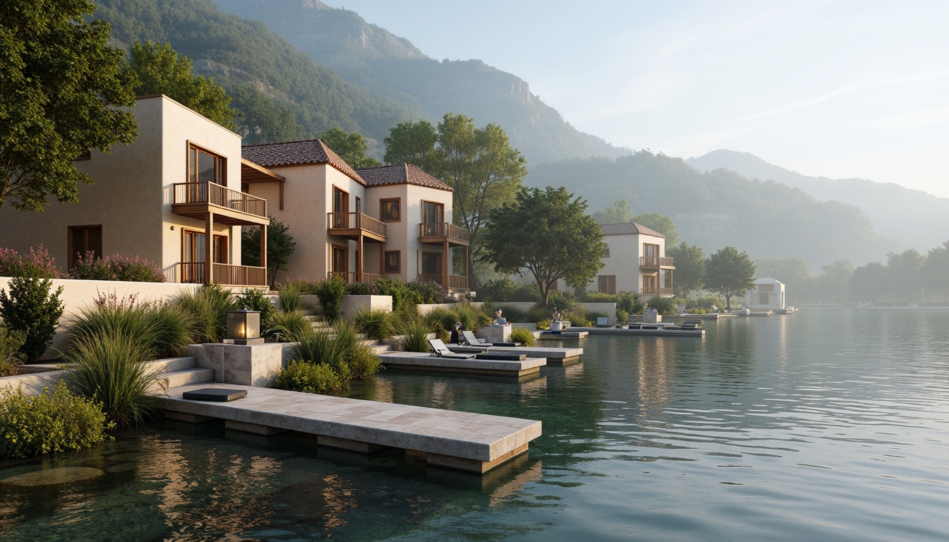 Prompt: \Soothing lakefront architecture, serene water reflections, gentle lapping waves, weathered wooden docks, rustic stone walls, earthy brown roofs, soft blue-grey skies, warm beige stucco, natural wood accents, calming greenery, lush foliage, vibrant aquatic life, misty morning atmosphere, soft warm lighting, shallow depth of field, 1/1 composition, realistic textures, ambient occlusion.\