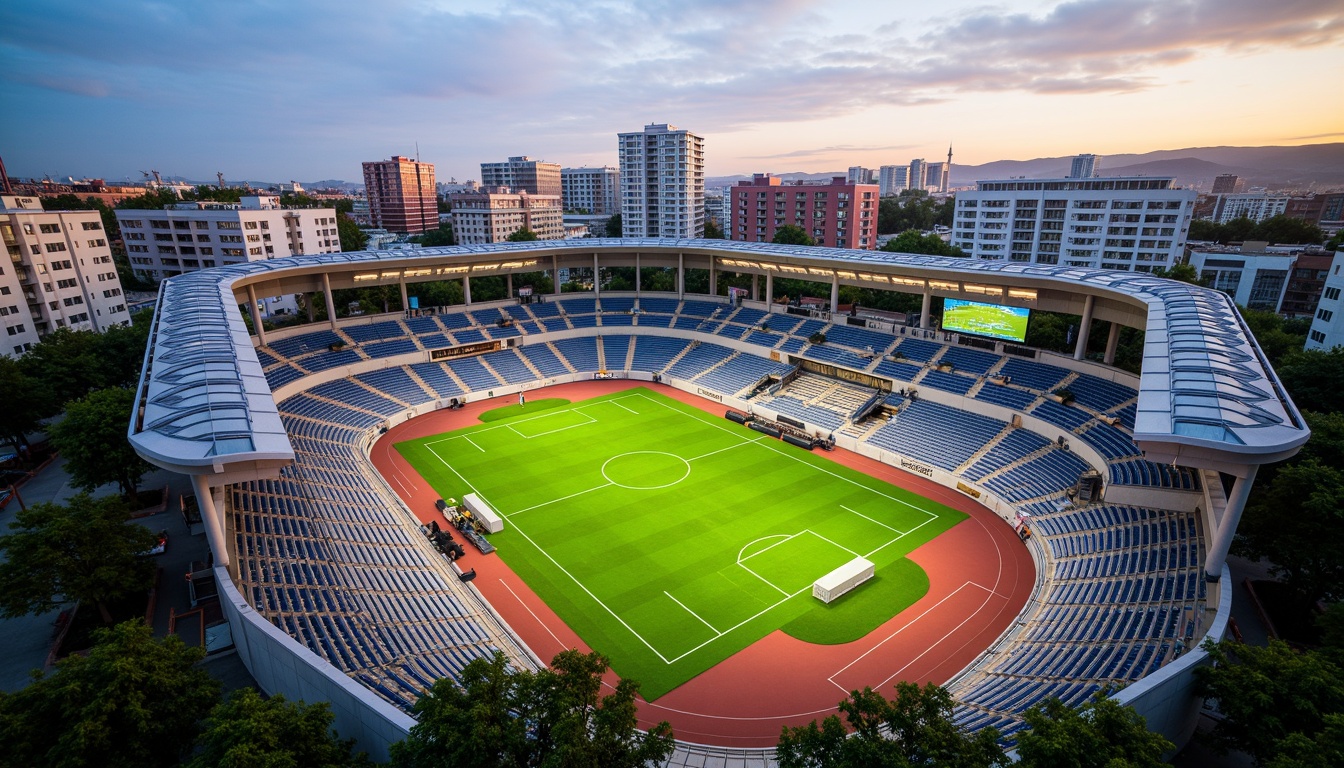 Prompt: Vibrant soccer stadium, open-air seating, lush green grass, athletic tracks, modern architecture, sleek metal beams, transparent roofs, natural ventilation systems, spacious concourses, dynamic lighting effects, evening ambiance, shallow depth of field, 3/4 composition, panoramic view, realistic textures, ambient occlusion, urban cityscape, bustling streets, vibrant street art, eclectic food vendors, lively atmosphere.