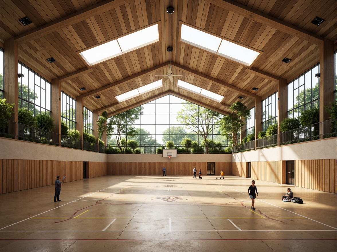 Prompt: Spacious gymnasium interior, high ceilings, clerestory windows, natural ventilation systems, solar tubes, wind catchers, green roofs, living walls, breathable materials, recycled rubber flooring, wooden accents, minimal artificial lighting, soft diffused daylight, warm earthy tones, organic textures, 3/4 composition, shallow depth of field, realistic renderings.