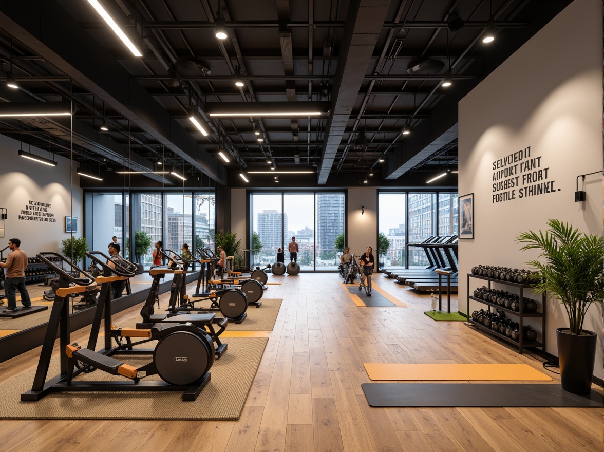 Prompt: Modern fitness studio, sleek wooden floors, mirrored walls, high ceilings, industrial lighting, motivational quotes, state-of-the-art equipment, free weights, treadmills, exercise bikes, yoga mats, resistance bands, sound systems, energetic color scheme, functional layout, open spaces, private training areas, floor-to-ceiling windows, natural light, urban views, 1/1 composition, shallow depth of field, realistic textures, ambient occlusion.