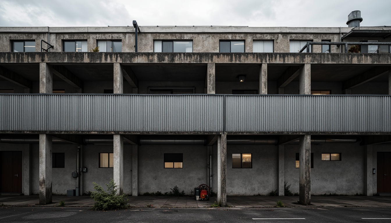 Prompt: Rugged industrial facade, exposed steel beams, raw concrete walls, corrugated metal cladding, functional pipes, minimalist windows, brutalist architecture, urban landscape, overcast sky, dramatic shadows, high-contrast lighting, 1/2 composition, symmetrical framing, gritty textures, ambient occlusion.