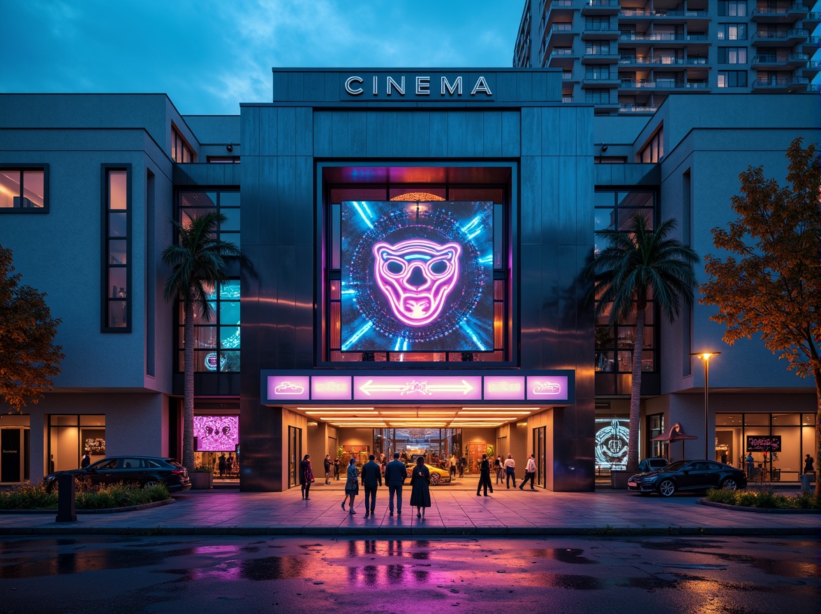 Prompt: Futuristic cinema facade, neon lights, metallic surfaces, holographic displays, LED screens, sleek lines, minimalist design, high-tech gadgets, robotic sculptures, sci-fi inspired architecture, urban cityscape, nighttime atmosphere, misty fog effect, shallow depth of field, 1/1 composition, cinematic lighting, vibrant color grading, realistic reflections, ambient occlusion.