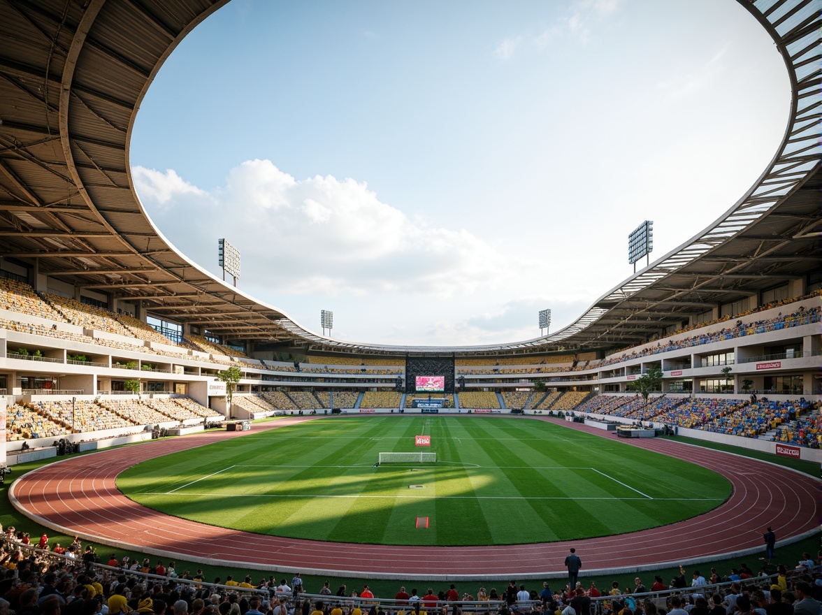 Prompt: Athletic track, lush green grass, vibrant sports equipment, goalposts, scoreboards, spectator stands, modern stadium architecture, curved lines, dynamic shapes, open spaces, natural ventilation, abundant sunlight, soft warm lighting, shallow depth of field, 3/4 composition, panoramic view, realistic textures, ambient occlusion, fluid player movement, efficient circulation paths, clear signage, intuitive wayfinding, accessible amenities, comfortable seating areas.