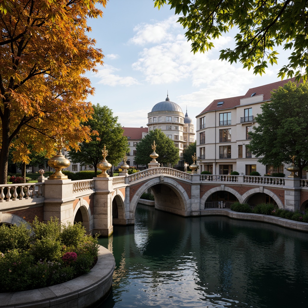 Prompt: Ornate bridge, grandiose arches, intricately carved stone balustrades, gilded accents, ornamental lanterns, majestic river views, serene water reflections, lush greenery, vibrant flowers, natural stone piers, decorative iron railings, Baroque-inspired architecture, sweeping curves, dramatic lighting, warm golden tones, shallow depth of field, 1/2 composition, realistic textures, ambient occlusion.