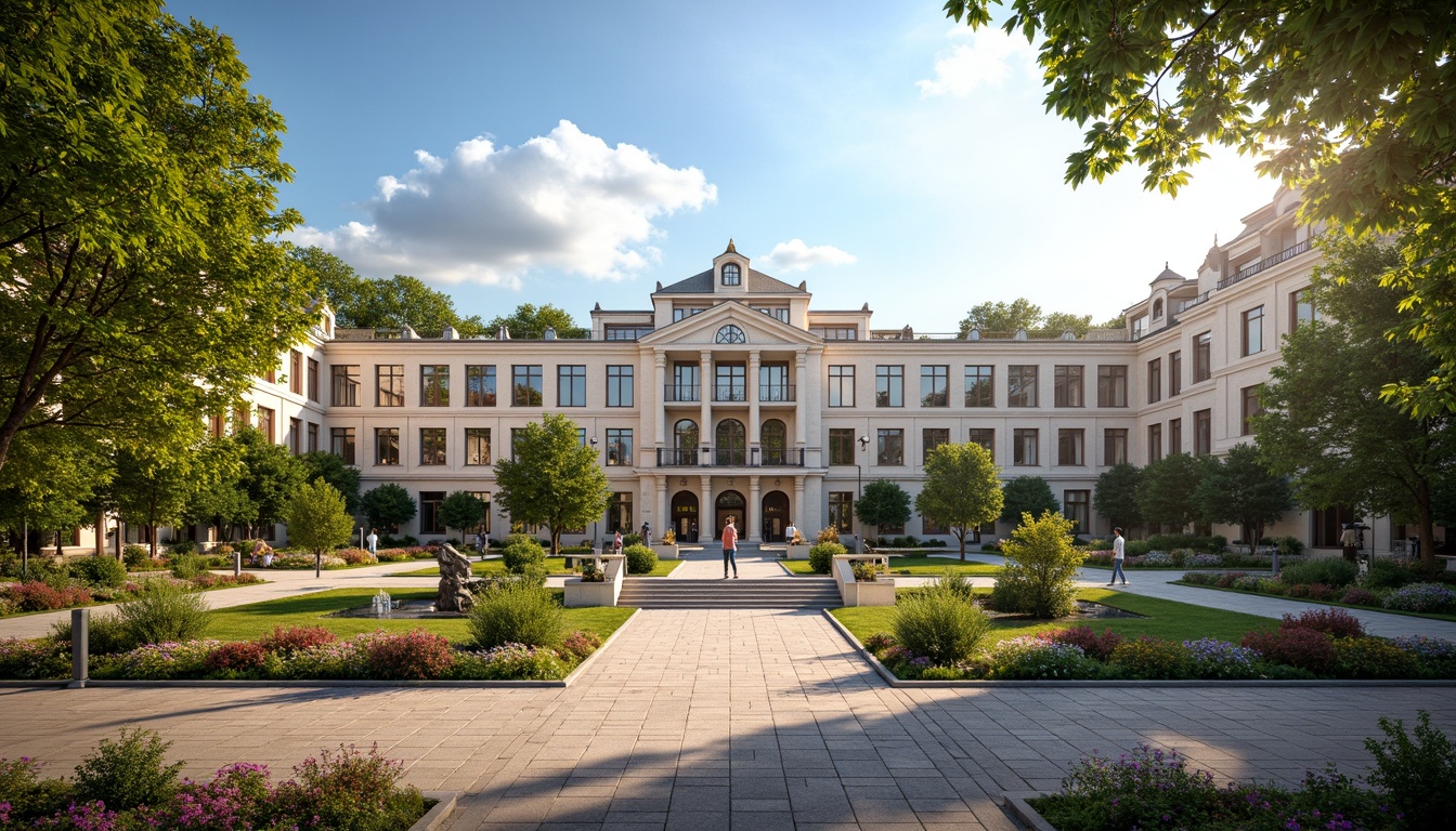 Prompt: Majestic high school building, Baroque architecture, ornate facades, grand entrance, symmetrical gardens, lush greenery, vibrant flowers, meandering pathways, decorative fountains, statues, benches, natural stone walkways, brick pavement, mature trees, sunny day, soft warm lighting, shallow depth of field, 3/4 composition, panoramic view, realistic textures, ambient occlusion.