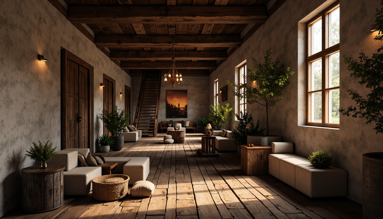 Prompt: Rough-hewn stone walls, distressed wood planks, rustic metal accents, earthy color palette, natural materiality, organic forms, tactile experiences, sensory engagement, atmospheric lighting, warm ambient glow, shallow depth of field, 1/1 composition, realistic textures, subtle normal mapping, cinematic mood, evocative atmosphere.