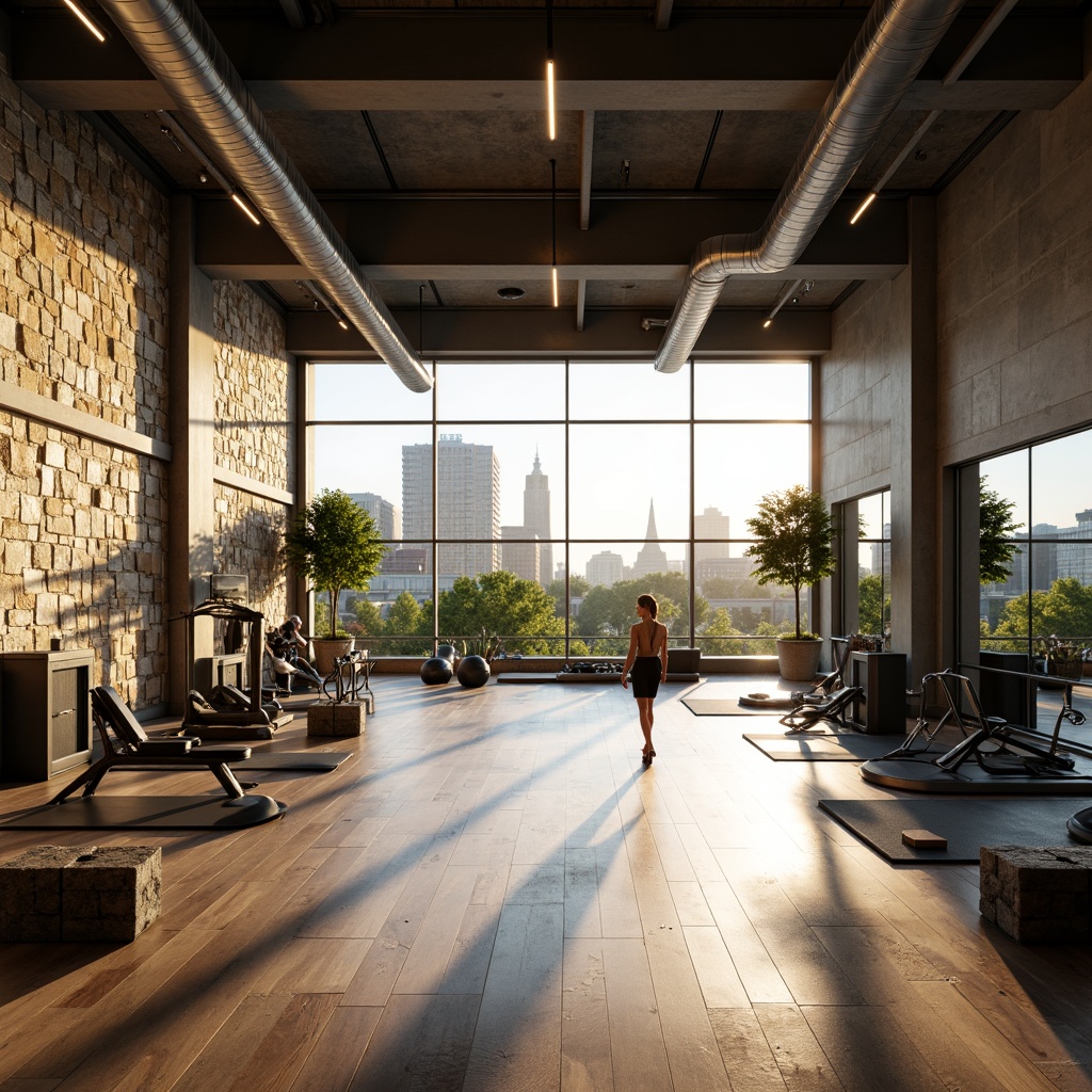 Prompt: Modern fitness studio, large windows, natural stone walls, wooden floors, mirrored surfaces, professional gym equipment, free weights, cardio machines, yoga mats, calm atmosphere, soft warm lighting, shallow depth of field, 3/4 composition, panoramic view, realistic textures, ambient occlusion, urban cityscape, morning sunlight, greenery views, minimalist decor, industrial chic style, exposed ductwork, polished concrete floors.