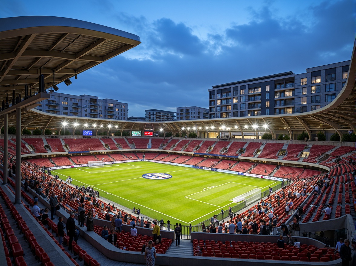 Prompt: Vibrant football stadium, social housing complex, curved lines, dynamic shapes, bold color schemes, metallic materials, LED lighting systems, cantilevered roofs, open-air balconies, communal green spaces, recreational facilities, community centers, public art installations, urban landscape integration, modern architecture, angular fa\u00e7ades, transparent glass walls, sleek steel beams, atmospheric evening lighting, shallow depth of field, 1/2 composition, realistic textures, ambient occlusion.