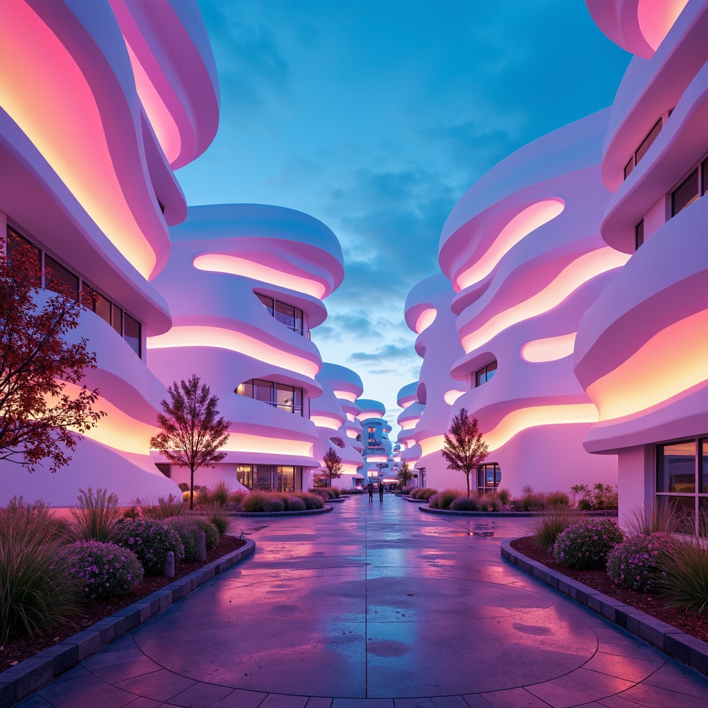 Prompt: Vibrant blob-shaped buildings, iridescent colors, neon lights, glowing accents, futuristic architecture, undulating curves, organic forms, soft pastel hues, bold bright contrasts, gradient effects, luminescent materials, translucent surfaces, shimmering textures, atmospheric mist, dreamy ambiance, surreal landscapes, 3/4 composition, wide-angle lens, cinematic lighting, high-contrast rendering.