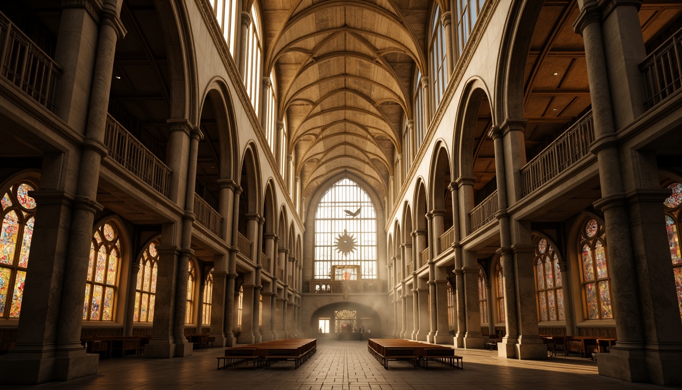 Prompt: Grand cathedral, pointed Gothic arches, ribbed vaults, flying buttresses, stained glass windows, intricate stone carvings, ornate pinnacles, dramatic verticality, mystical ambiance, warm golden lighting, soft diffused shadows, 1/2 composition, symmetrical framing, rich textures, atmospheric fog.