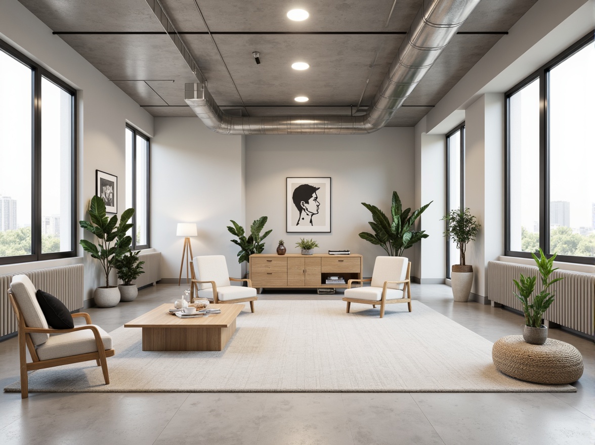 Prompt: Monochromatic office space, neutral color palette, soft creamy whites, calming grays, taupe accents, natural wood tones, sleek metal frames, minimalist decor, sparse greenery, industrial chic lighting, modern Scandinavian furniture, airy open layout, abundant natural light, subtle texture contrasts, 1/1 composition, shallow depth of field, realistic renderings.