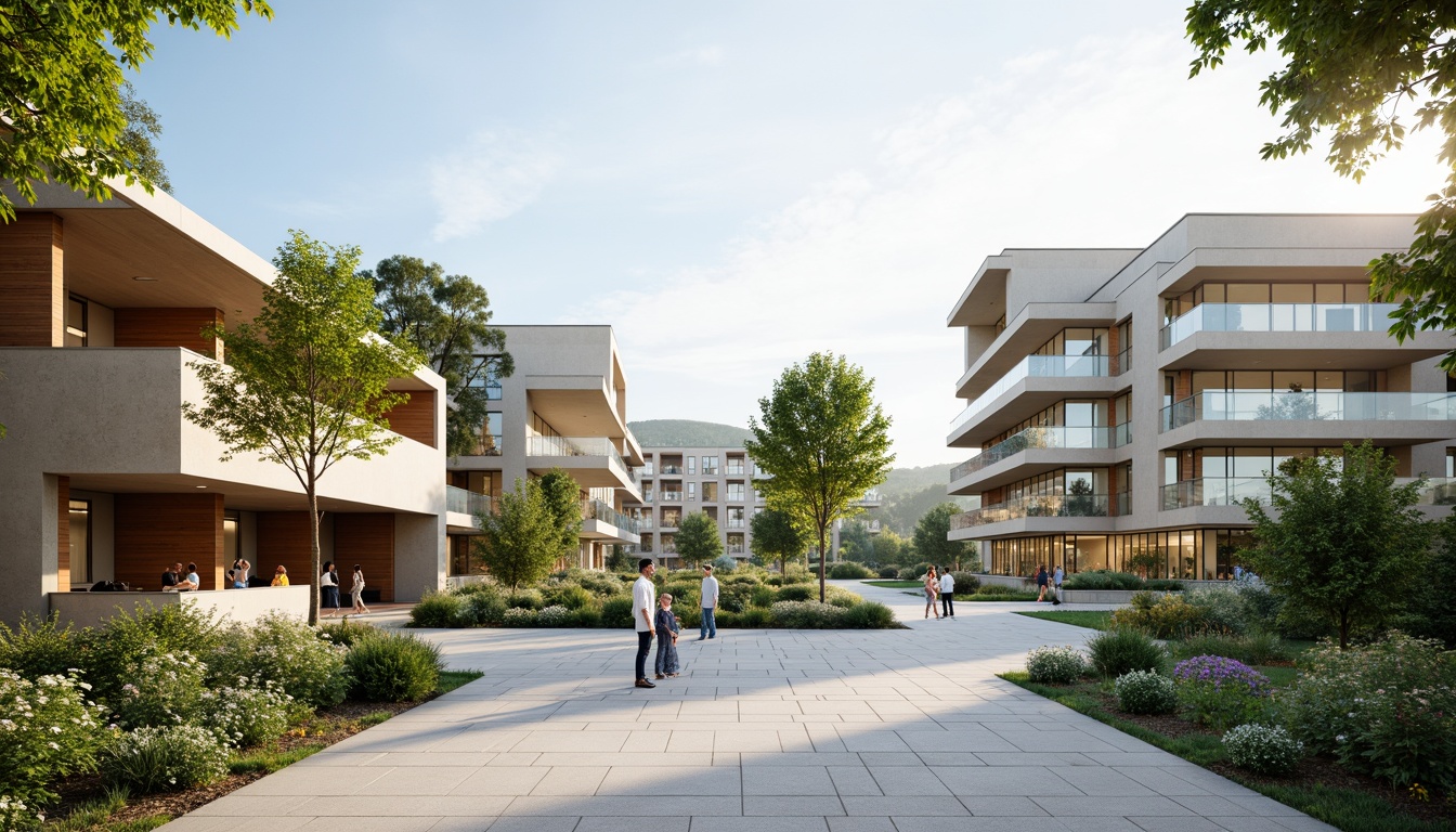 Prompt: Sleek campus buildings, minimalist design, clean lines, simple shapes, abundant natural light, floor-to-ceiling windows, transparent glass walls, open-air corridors, green roofs, lush vegetation, serene atmosphere, warm wooden accents, subtle textures, soft shadows, 1/1 composition, shallow depth of field, realistic rendering, ambient occlusion.