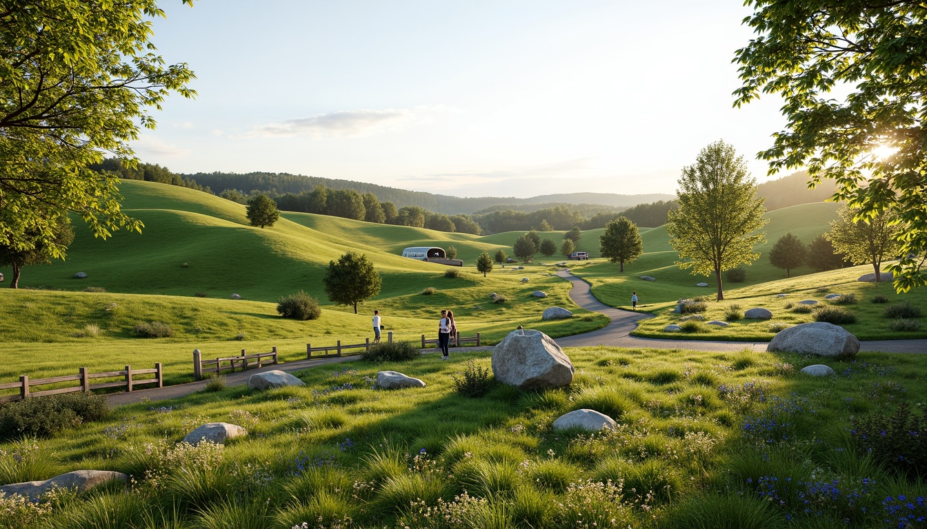 Prompt: Rolling hills, lush green grass, wildflowers, meandering pathways, rustic wooden fences, natural stone benches, serene atmosphere, warm sunlight, soft breeze, gentle slopes, native plant species, organic mulch, decorative boulders, meadow-inspired design, asymmetrical composition, shallow depth of field, 1/2 camera angle, realistic textures, ambient occlusion.