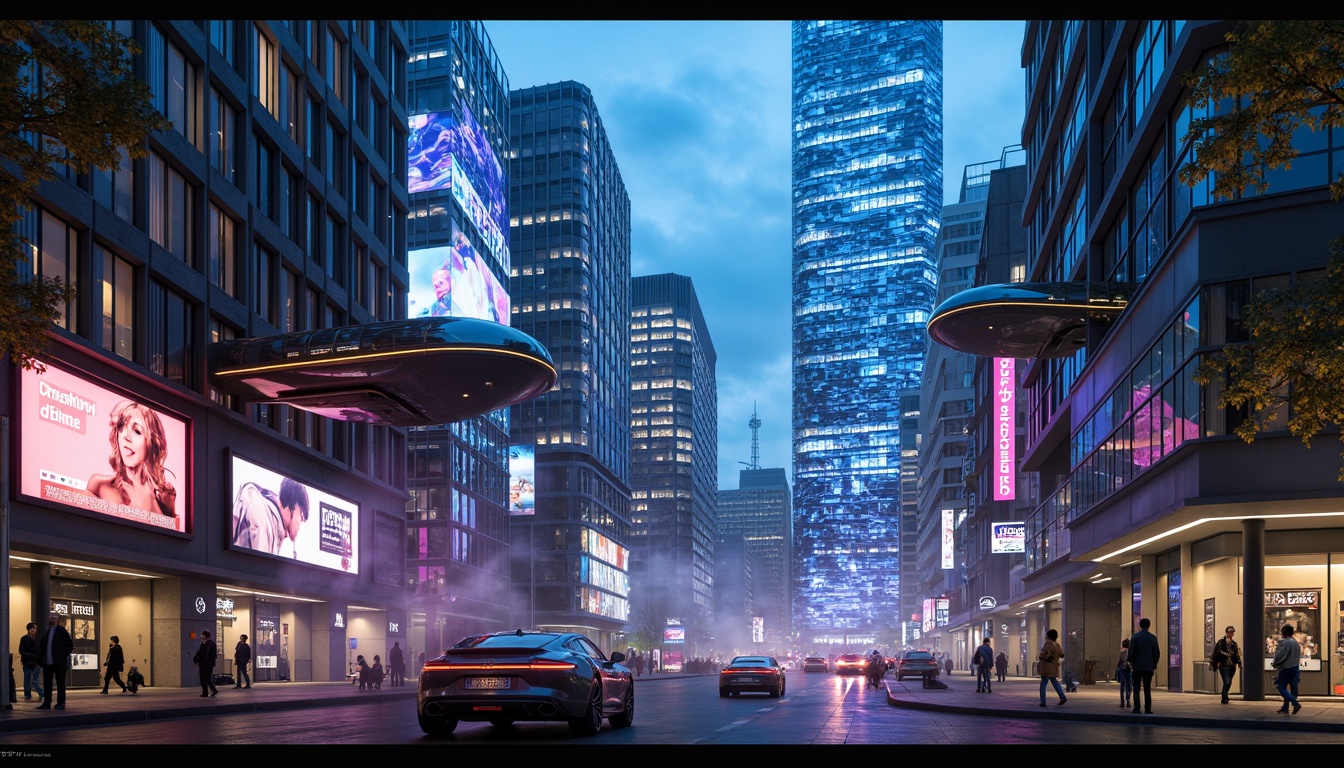 Prompt: Neon-lit skyscrapers, metallic silver accents, iridescent glass facades, holographic advertisements, cyberpunk cityscape, vibrant electric blue hues, neon green highlights, deep purple tones, rose gold details, sleek chrome lines, geometric patterns, futuristic urban landscape, high-tech infrastructure, levitating transportation pods, atmospheric mist, soft glowing ambiance, shallow depth of field, 1/1 composition, cinematic lighting, realistic reflections.