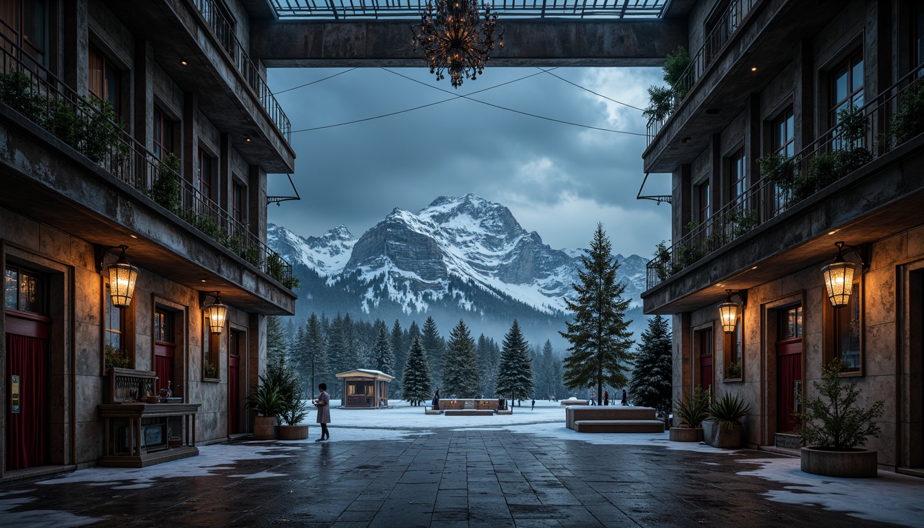 Prompt: Dark mysterious mountains, snow-capped peaks, frozen lakes, misty forests, eerie fog, abandoned ski lifts, rusty metal beams, worn wooden planks, vintage ski equipment, distressed stone walls, ornate ironwork, grand chandeliers, lavish velvet drapes, rich wood paneling, mystical stained glass windows, dramatic spotlights, warm candlelight, mysterious shadows, 1/2 composition, cinematic lighting, atmospheric fog effects, realistic snow textures.