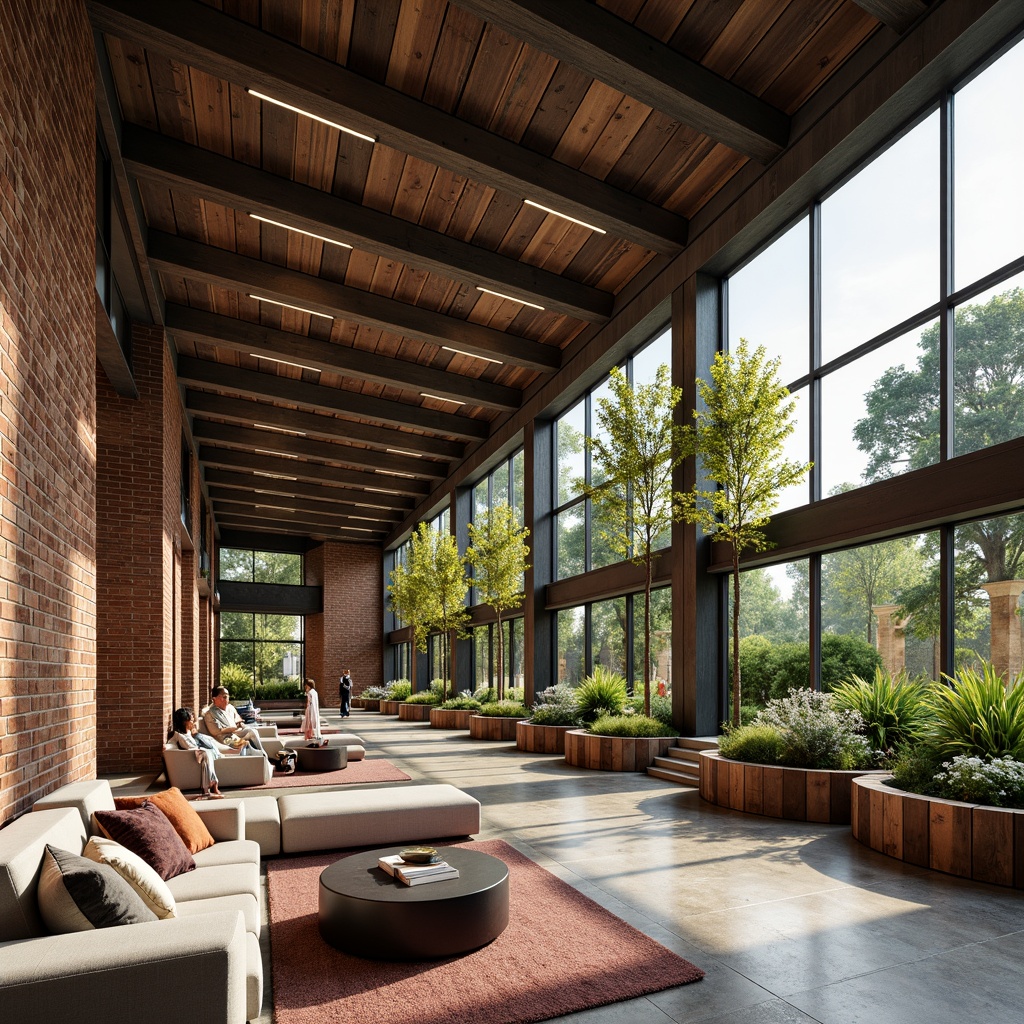 Prompt: Exposed brick walls, reclaimed wood accents, industrial metal beams, organic curved lines, earthy color palette, natural stone flooring, lush greenery, living walls, modern minimalist decor, cozy reading nooks, floor-to-ceiling windows, soft warm lighting, shallow depth of field, 3/4 composition, panoramic view, realistic textures, ambient occlusion.