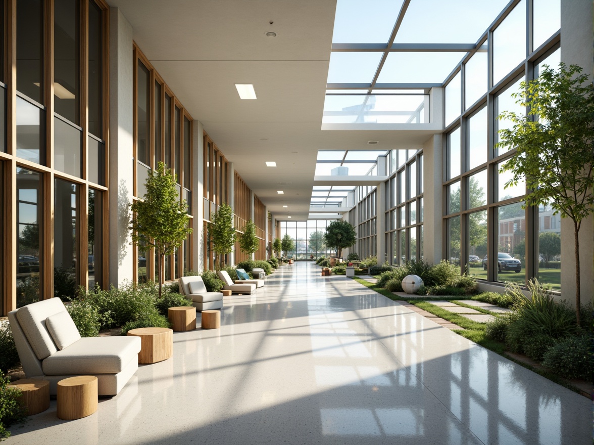 Prompt: Spacious hospital corridors, large windows, clerestory roofs, skylights, transparent glass walls, minimalist interior design, reflective surfaces, polished floors, soft warm lighting, ambient occlusion, shallow depth of field, 3/4 composition, panoramic view, realistic textures, calming color schemes, soothing artwork, natural stone accents, wooden furniture, greenery installations, living walls, healing gardens, serene outdoor spaces, gentle water features, peaceful ambiance.