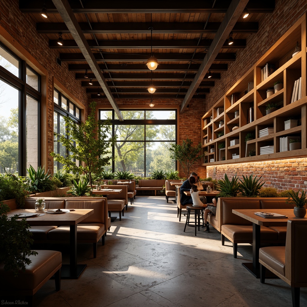 Prompt: Cozy coffee shop atmosphere, warm wooden accents, industrial metal beams, exposed brick walls, comfortable seating areas, pendant lamps, Edison bulbs, soft warm glow, intimate corner tables, lush greenery, natural stone floors, reclaimed wood shelves, aromatic coffee scents, morning sunlight, shallow depth of field, 1/2 composition, realistic textures, ambient occlusion.