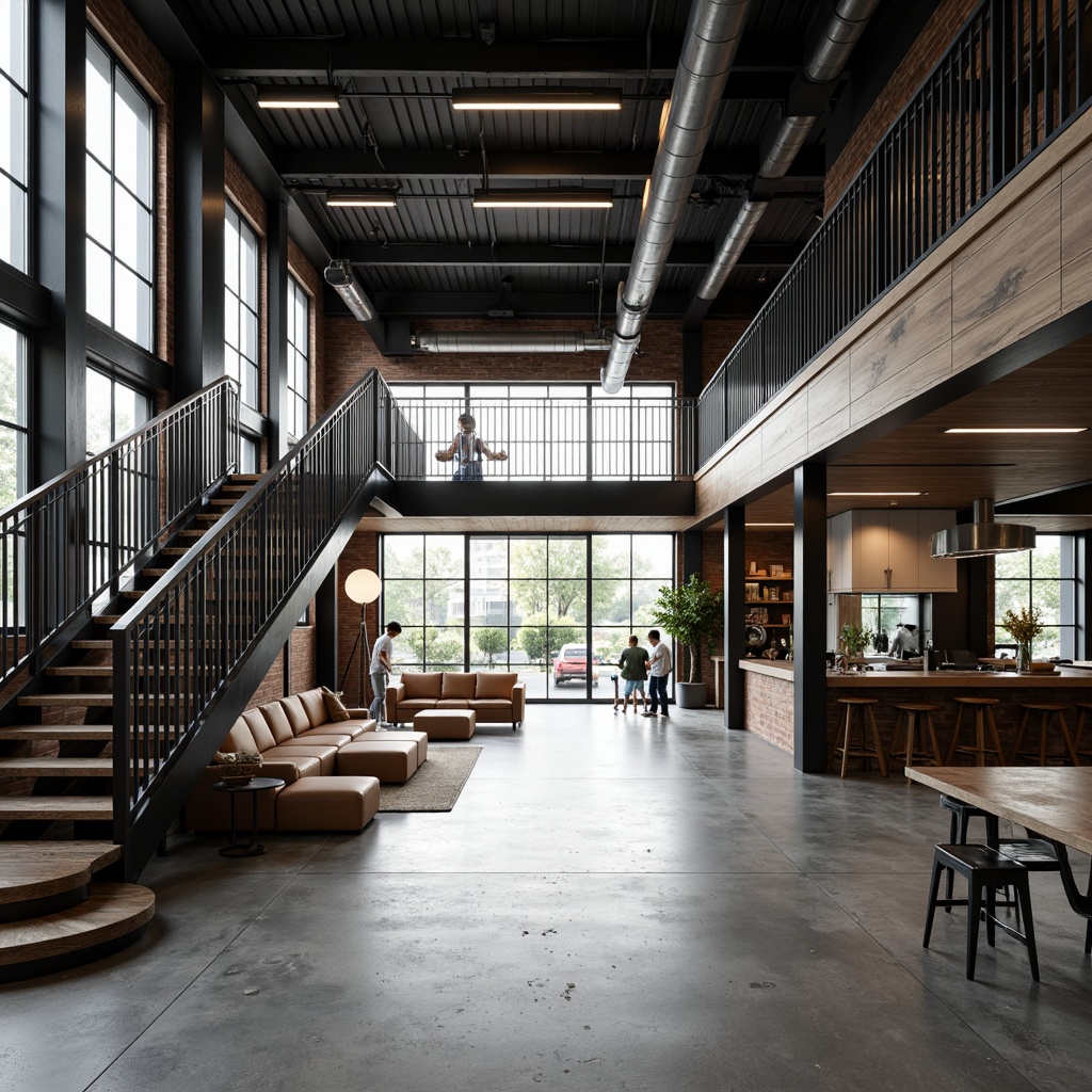 Prompt: Exposed steel beams, industrial chic aesthetic, polished concrete floors, minimalist decor, modern urban loft, open-plan living space, floor-to-ceiling windows, natural light pouring in, sleek metal staircases, geometric-shaped railings, reclaimed wood accents, distressed brick walls, edgy architectural lines, dramatic shadows, high-contrast lighting, 1/1 composition, symmetrical framing, realistic textures, ambient occlusion.