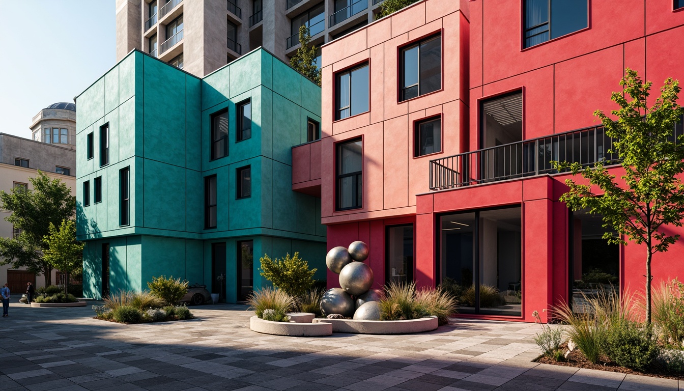 Prompt: Deconstructivist building, fragmented forms, irregular shapes, bold color contrasts, vibrant turquoise, bright coral, deep magenta, metallic silver accents, rough concrete textures, distressed wood finishes, industrial metal beams, abstract sculptures, dynamic lighting effects, dramatic shadows, 3/4 composition, low-angle shot, cinematic atmosphere, high-contrast rendering.