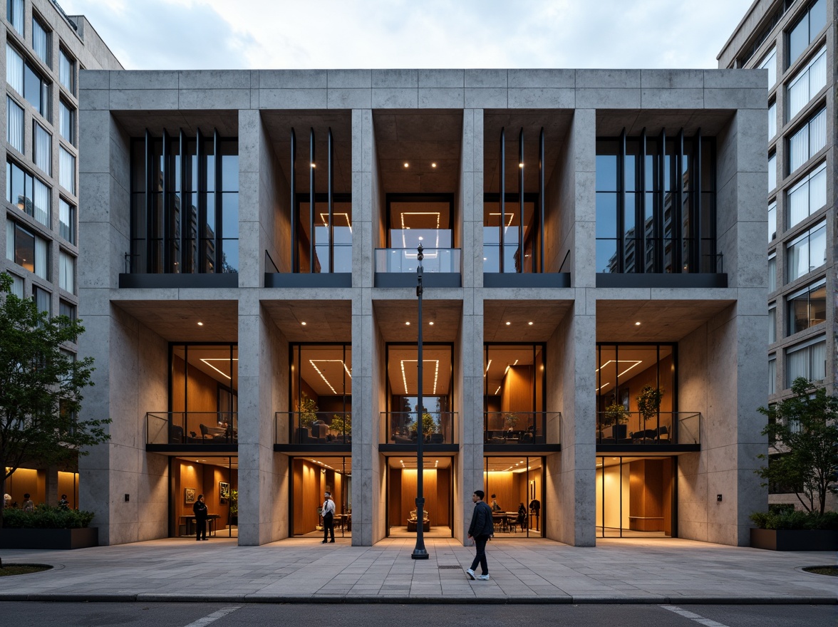 Prompt: Geometric auditorium facade, asymmetrical composition, rectangular windows, industrial metal frames, raw concrete walls, minimalist ornamentation, functionalist design, bold color accents, dramatic lighting effects, high ceilings, open floor plan, flexible seating arrangements, acoustic panels, wooden flooring, brutalist architecture, urban cityscape, cloudy day, softbox lighting, 1/2 composition, realistic materials, ambient occlusion.