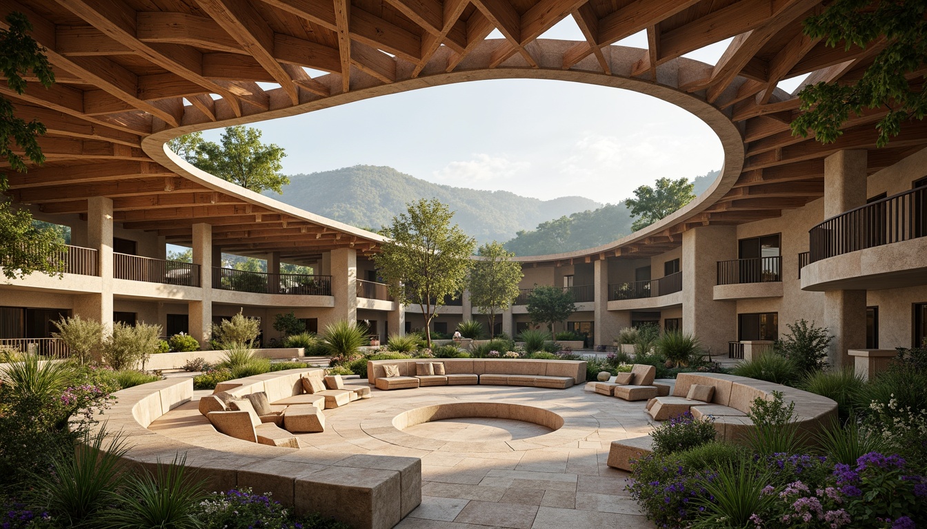 Prompt: Organic amphitheater, natural stone seating, lush greenery, curved wooden beams, earthy tones, warm sunny day, soft diffused lighting, high ceilings, open-air design, panoramic views, rustic textures, ambient occlusion, 3/4 composition, shallow depth of field, realistic renderings, vibrant flowers, gentle breeze, serene atmosphere.