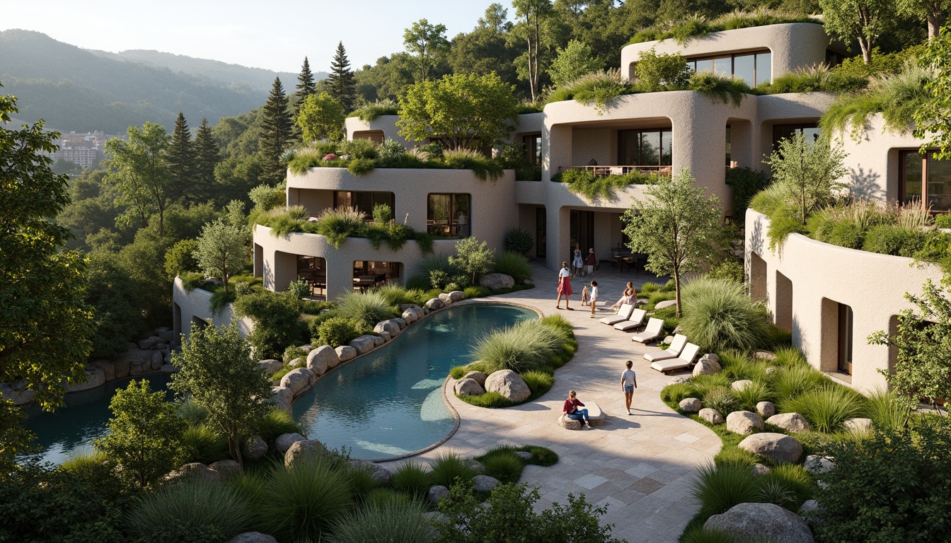 Prompt: Harmonious building integration, lush green roofs, verdant walls, natural stone facades, curved lines, organic shapes, seamless transitions, outdoor living spaces, infinity pools, water features, walking trails, native plant species, bird's eye view, 1/1 composition, soft warm lighting, shallow depth of field, realistic textures, ambient occlusion.