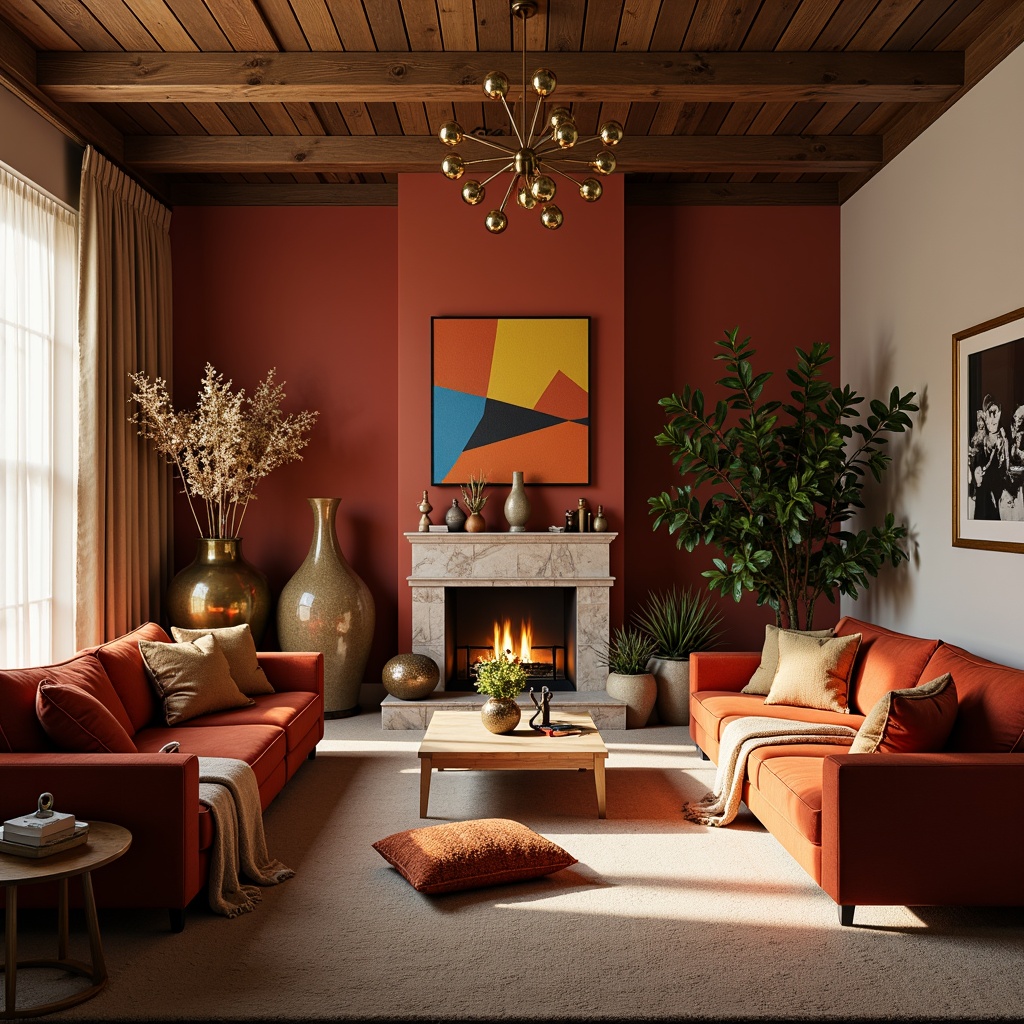 Prompt: Vibrant living room, bold accent walls, rich wood furniture, plush velvet sofas, metallic gold lighting fixtures, soft cream-colored carpets, natural stone fireplaces, earthy terracotta vases, warm beige curtains, eclectic artwork, abstract geometric patterns, moody atmospheric colors, dramatic shadows, 1/2 composition, cinematic lighting, realistic textures, ambient occlusion.