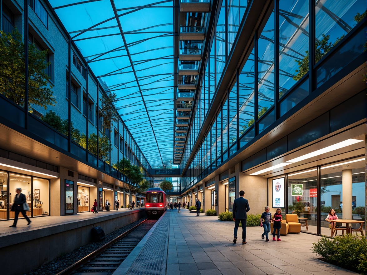 Prompt: Futuristic metro station, dynamic LED lighting, sleek glass fa\u00e7ade, angular metal frames, vibrant cityscape, bustling urban atmosphere, modern transportation hub, efficient passenger flow, spacious interior, natural stone flooring, stainless steel accents, geometric patterned ceilings, advanced ventilation systems, energy-efficient solutions, green roofs, panoramic views, shallow depth of field, 3/4 composition, realistic textures, ambient occlusion.