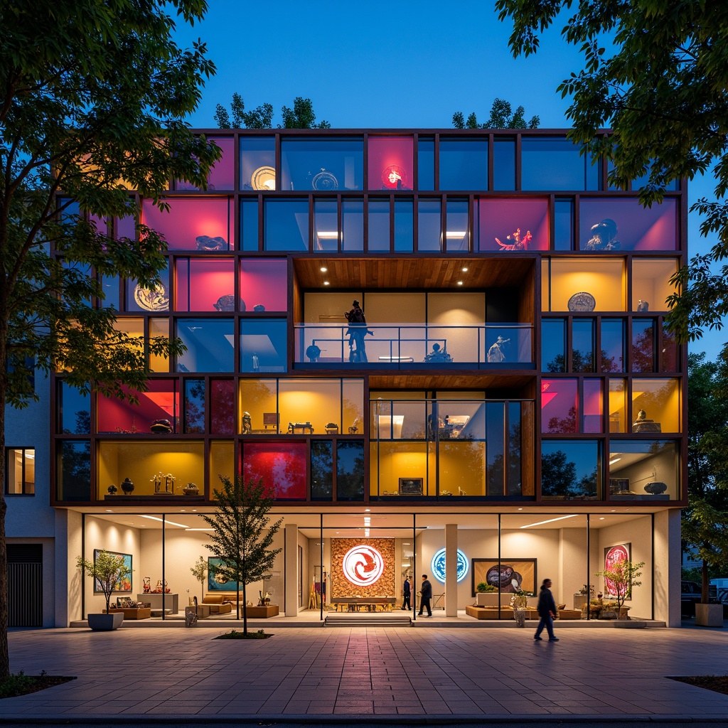 Prompt: Vibrant museum facade, irregular shapes, fragmented forms, bold color blocking, playful deconstructivism, ornate decorations, eclectic mix of materials, rusted steel beams, glass bricks, concrete walls, abstract sculptures, futuristic lighting fixtures, neon signs, dynamic shadows, dramatic nighttime illumination, shallow depth of field, 1/1 composition, symmetrical framing, high-contrast textures, ambient occlusion.