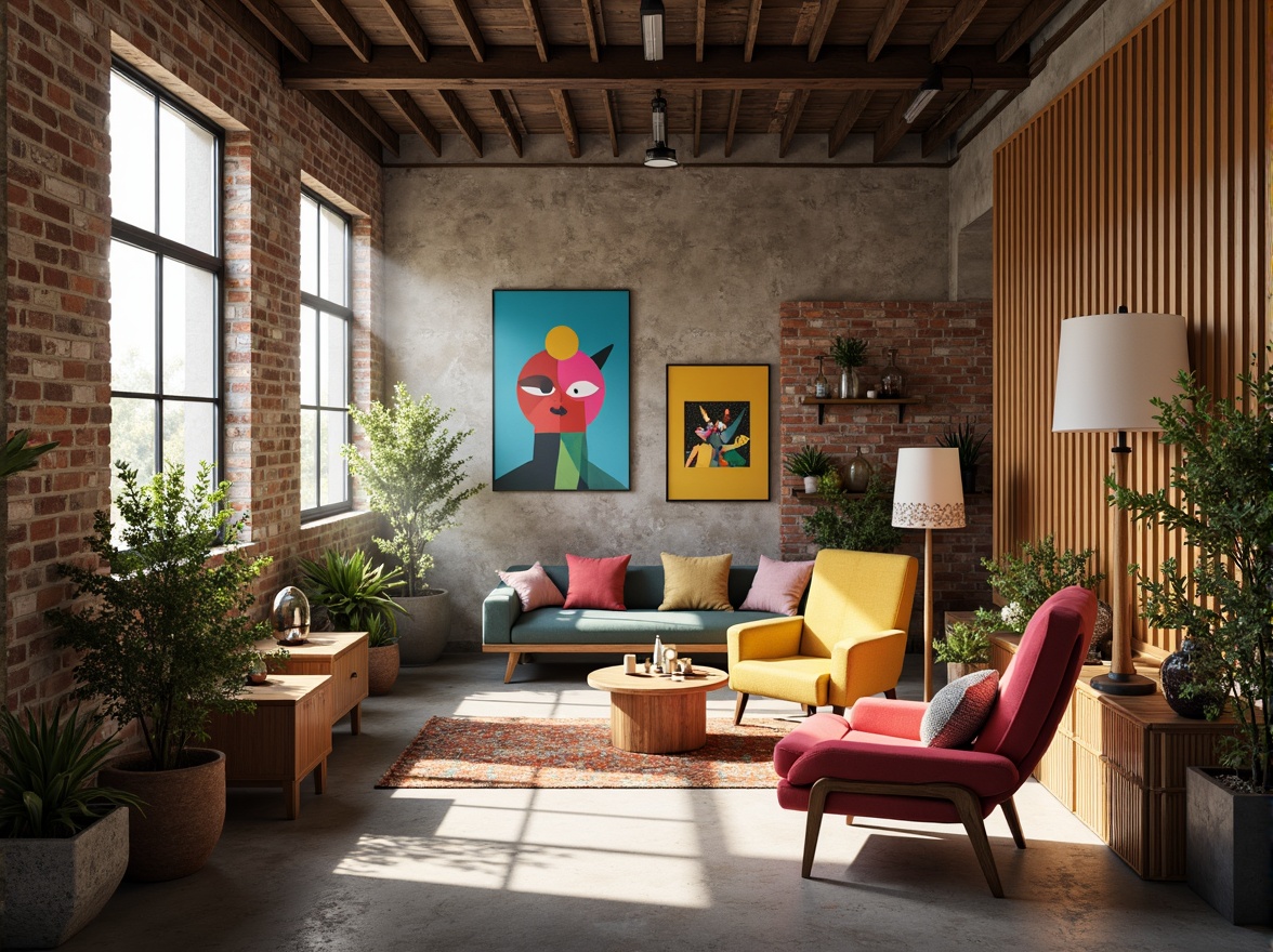 Prompt: Vibrant art studio, eclectic furniture, abstract artwork, bold color blocking, contrasting textures, modern industrial architecture, exposed brick walls, polished concrete floors, reclaimed wood accents, natural light pouring in, soft warm glow, atmospheric mist, shallow depth of field, 1/1 composition, realistic renderings, ambient occlusion.