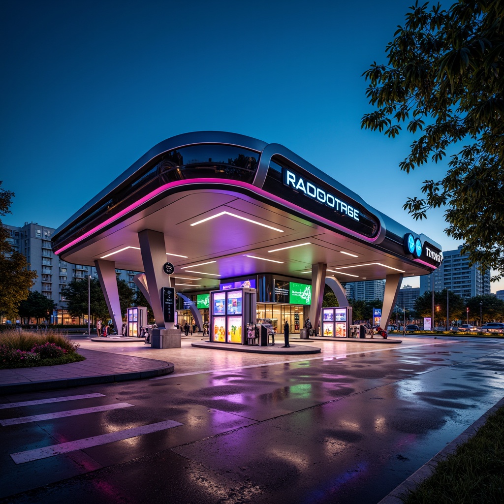 Prompt: Vibrant gas station, futuristic facade design, fusion architecture, curved lines, metallic materials, neon lights, LED signage, modern fuel pumps, sleek canopies, angular columns, cantilevered roofs, urban landscape, busy streets, cityscape background, dramatic nighttime lighting, shallow depth of field, 1/1 composition, realistic reflections, ambient occlusion.