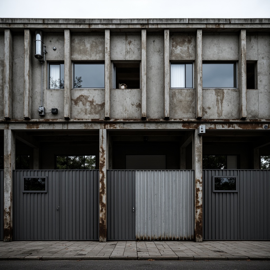 Prompt: Rugged industrial facade, exposed steel beams, raw concrete walls, corrugated metal cladding, functional pipes, minimalist windows, brutalist architecture, urban landscape, overcast sky, dramatic shadows, high-contrast lighting, 1/2 composition, symmetrical framing, gritty textures, ambient occlusion.