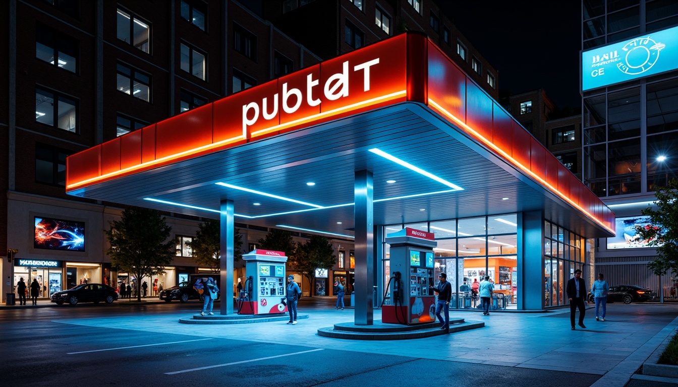 Prompt: Vibrant gas station, neon lights, bold signage, metallic fuel pumps, sleek modern architecture, reflective glass surfaces, angular lines, industrial materials, urban cityscape, busy streets, night scene, dramatic lighting, shallow depth of field, 1/1 composition, realistic textures, ambient occlusion, bright color scheme, electric blue accents, fiery orange hues, deep black tones, metallic silver highlights.